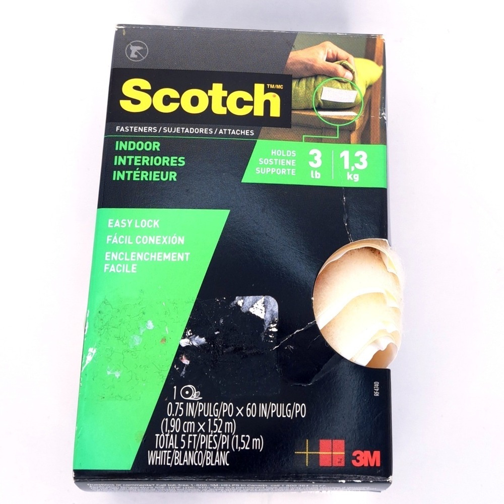 NEW Scotch Indoor‎ Fasteners White Adhesive Easy Lock Hook Loop Tape 5ft